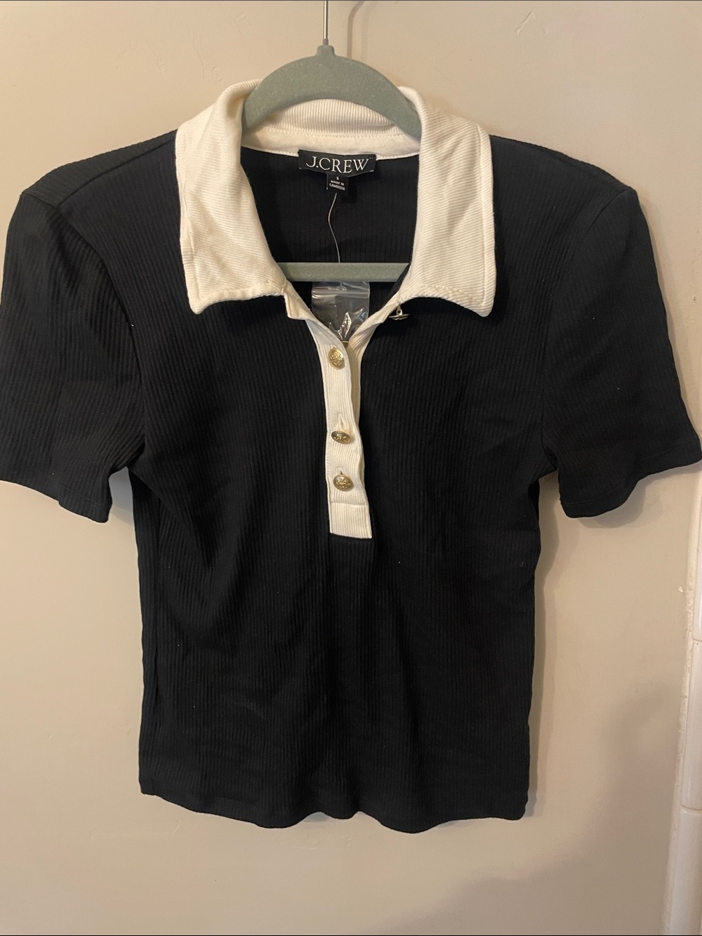 J. Crew Black Polo with White Contrast Collar and Gold Buttons